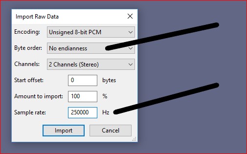 Set import options